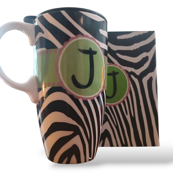 Zebra Pattern Mug with Green Initial Accent - Picture 1 of 4
